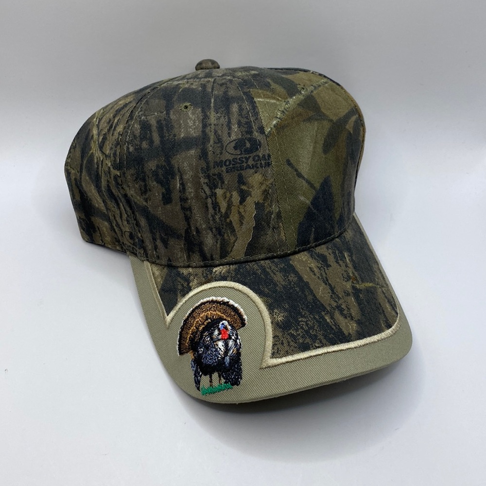 Men’s Mossy Oak Adjustable Baseball Cap, Embroidered Turkey On Bill Of Cap.